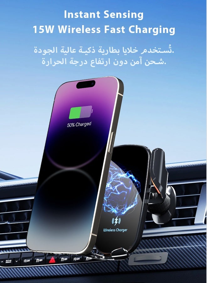 حامل جوال للسيارة، شحن سريع 15 واط، حامل هاتف للسيارة 2 في 1، تثبيت تلقائي، ثبات فائق، دوران 360 درجة، مانع للانزلاق، مناسب للوحة القيادة/الزجاج الأمامي/فتحة التهوية، أسود - Image 2